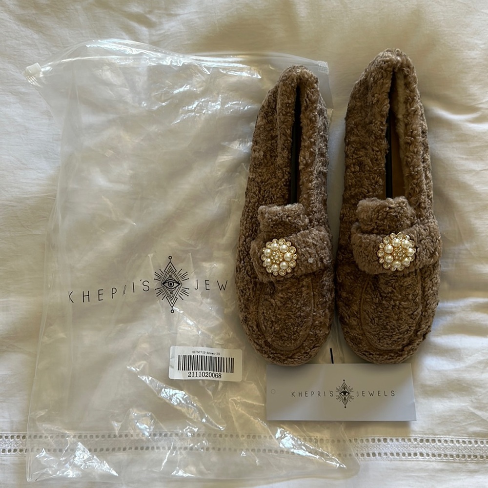 Brown Sherpa Loafers with Jewel Button